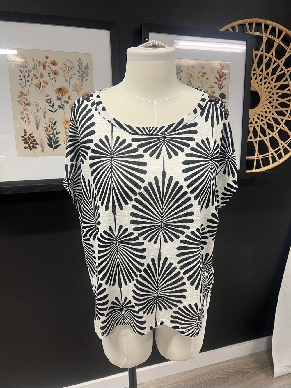 100% Linen Fibre - Joie Black and White Floral Burst Top